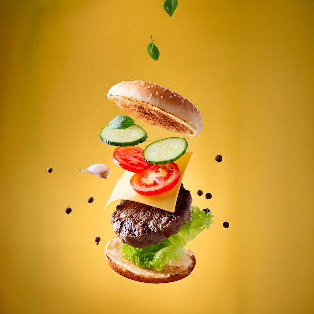 Premium Photo | Flying Fast food ingredients of a classic cheeseburger ...