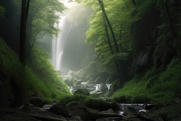 Premium Photo | Forest with waterfall misty and peaceful created with ...