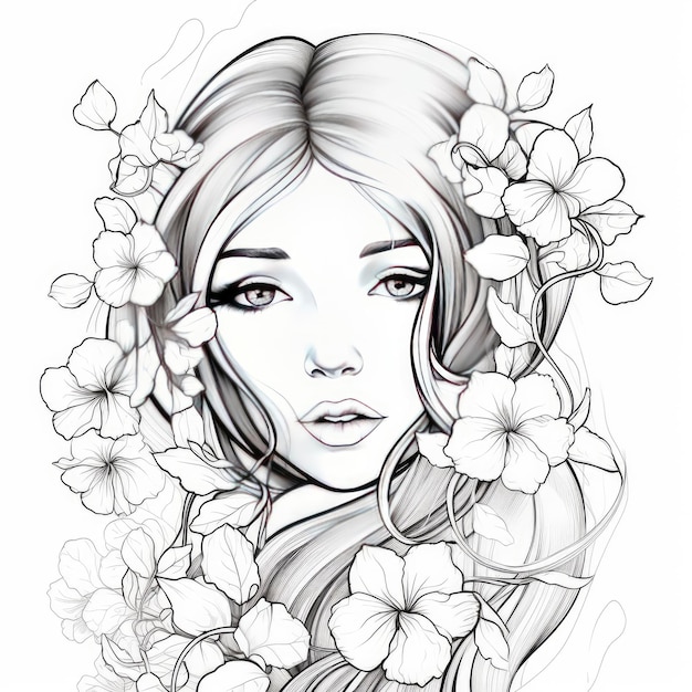 Premium AI Image | A girl on a coloring book page with Jasmine flowers