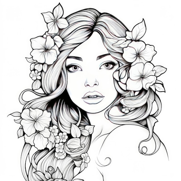 Premium AI Image | A girl on a coloring book page with Jasmine flowers