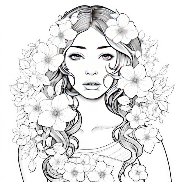 Premium AI Image | A girl on a coloring book page with Jasmine flowers