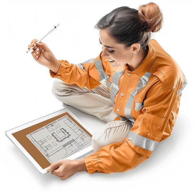 A girl in a hard hat is drawing a drawing with a pencil | Premium AI ...