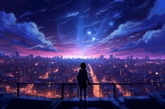 Premium AI Image | A girl looking at a city at night