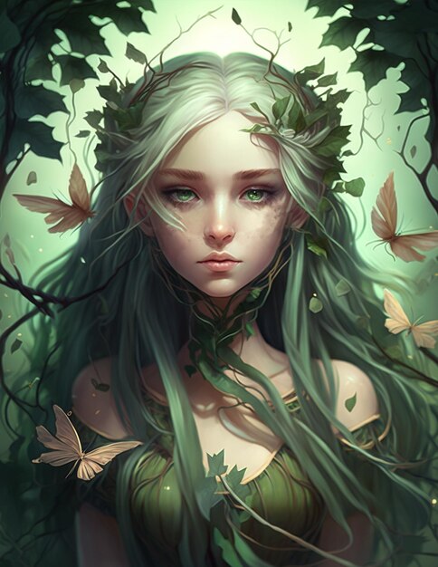 Premium AI Image | Girl with green hair and green leaves on her head ...