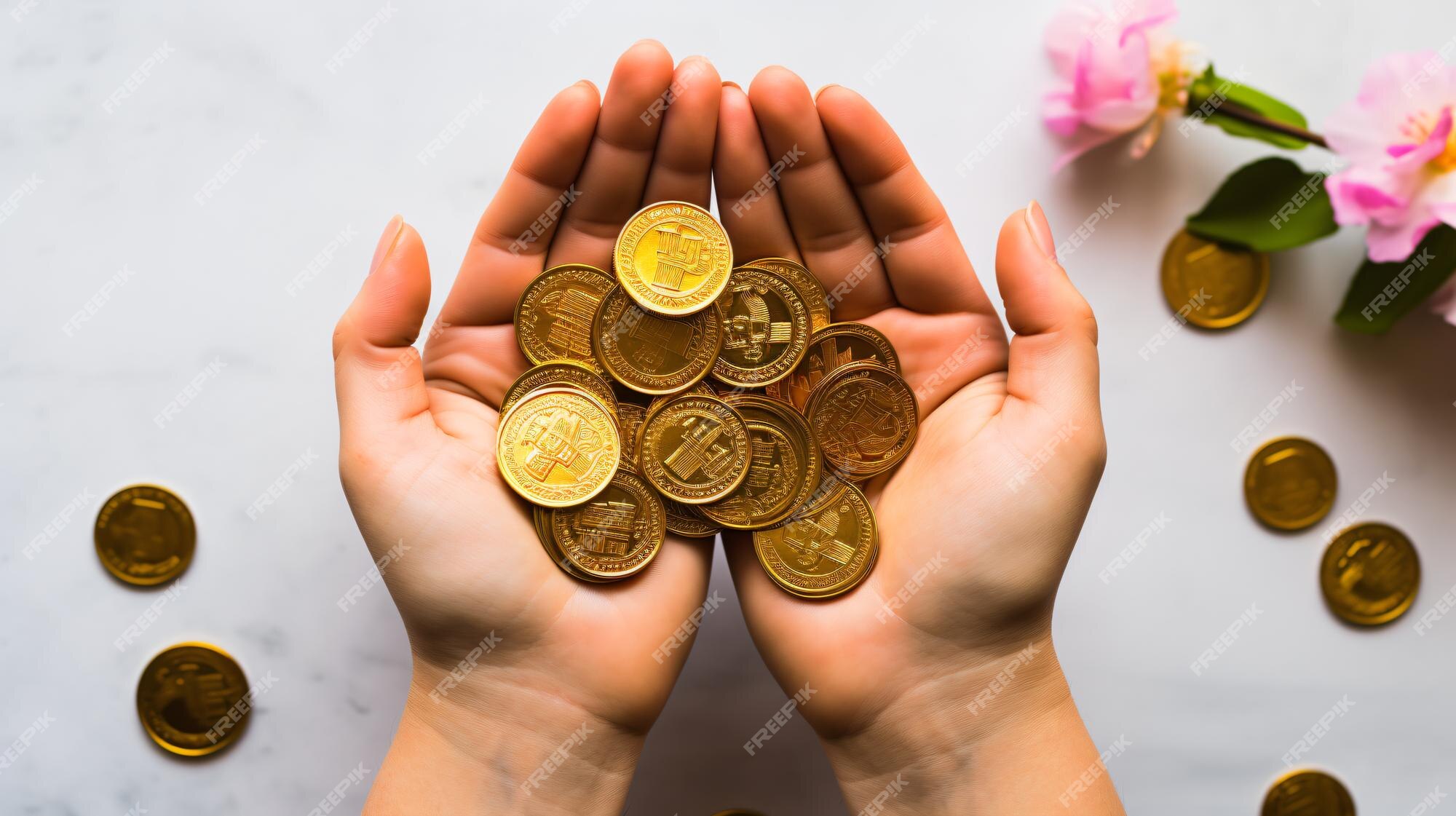 Premium Photo | Golden Abundance Hands Holding Gold Coins on White ...