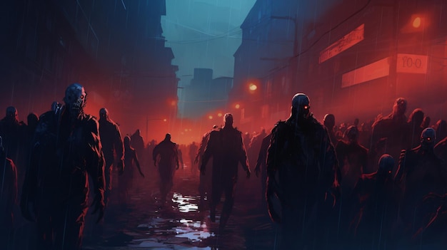 Premium Photo | Halloween concept of zombie crowd walking at night