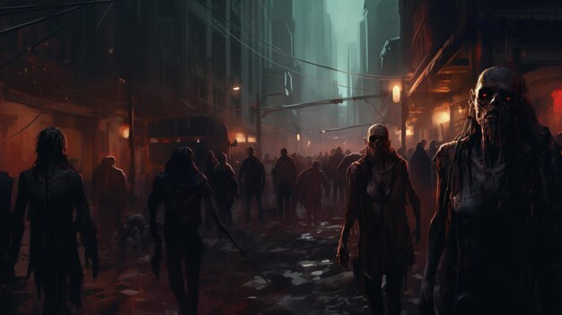 Premium Photo | Halloween concept of zombie crowd walking at night