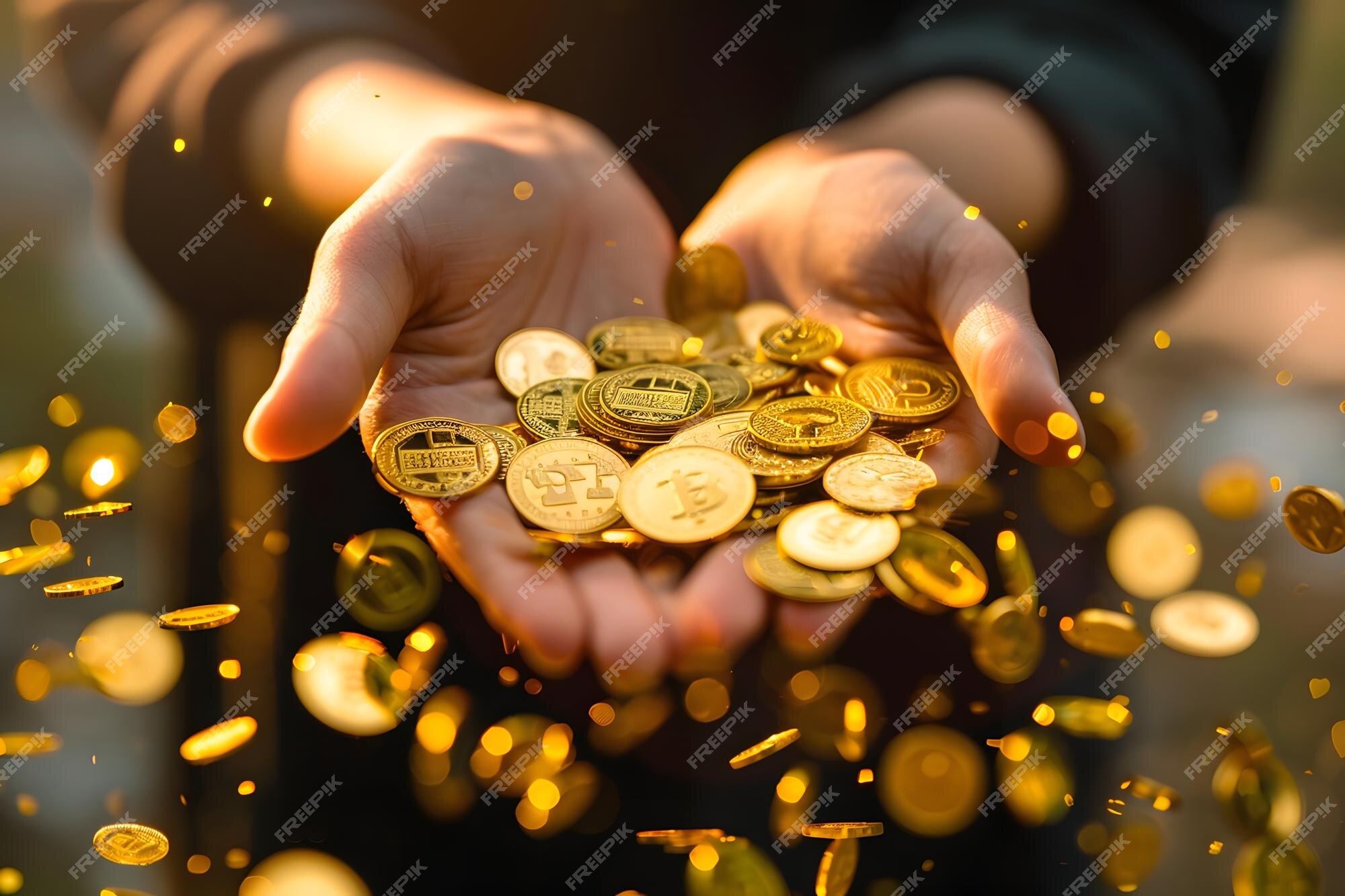 Premium Photo | Hand holding a gold coin and with gold coins falling around