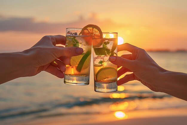 Premium Photo | Hands toasting with colorful mocktails at a sunset ...