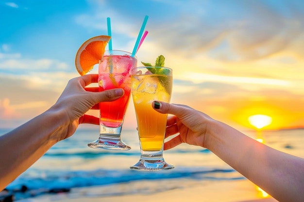 Premium Photo | Hands toasting with colorful mocktails at a sunset ...