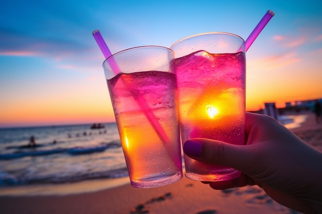 Premium Photo | Hands toasting with colorful mocktails at a sunset ...