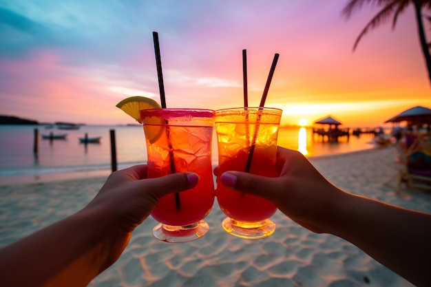 Premium Photo | Hands toasting with colorful mocktails at a sunset ...