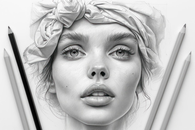 Premium Photo | Hyper Realistic Female Black and White Portrait Sketch ...