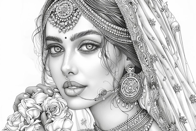 Premium Photo | Indian Princess Coloring Page with Lehenga and Jewelry ...