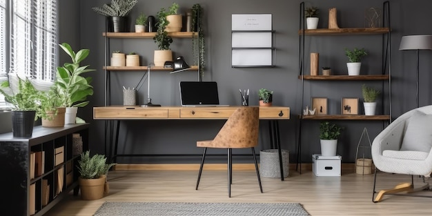 Premium Photo | Interior of home office with grey and wood potted ...