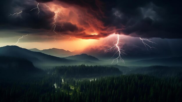 Premium AI Image | A lightning storm over a mountain range