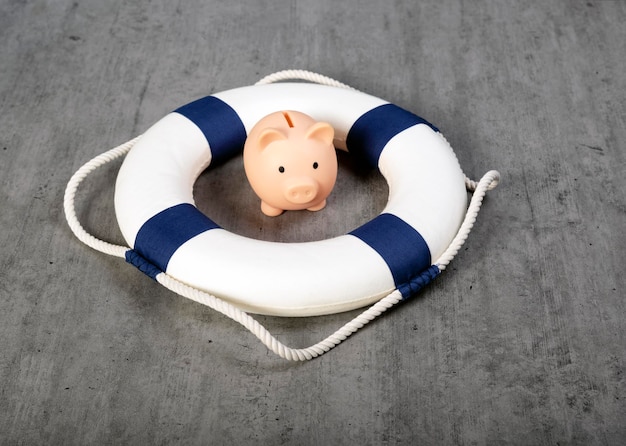 Little piggy bank inside of lifebuoy safe money blue and white\
life buoy on wooden desk table background assets wealth money\
saving and security by insurance concept copy space safe box