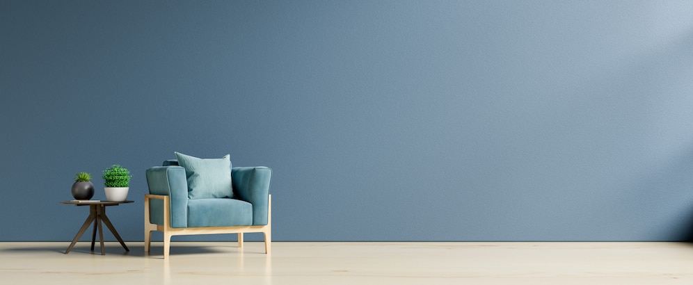 Premium Photo | Living Room interior with blue velvet armchair and cabinet.