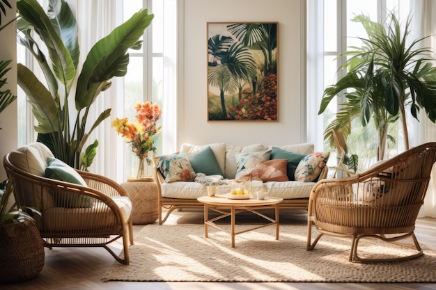 Premium Photo | A living room with a couch and a painting of a tropical ...