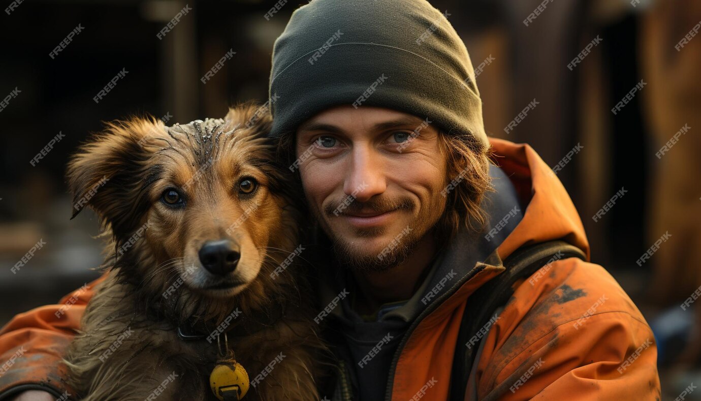 Premium Photo | A man and his dog embrace smiling in nature generated by AI