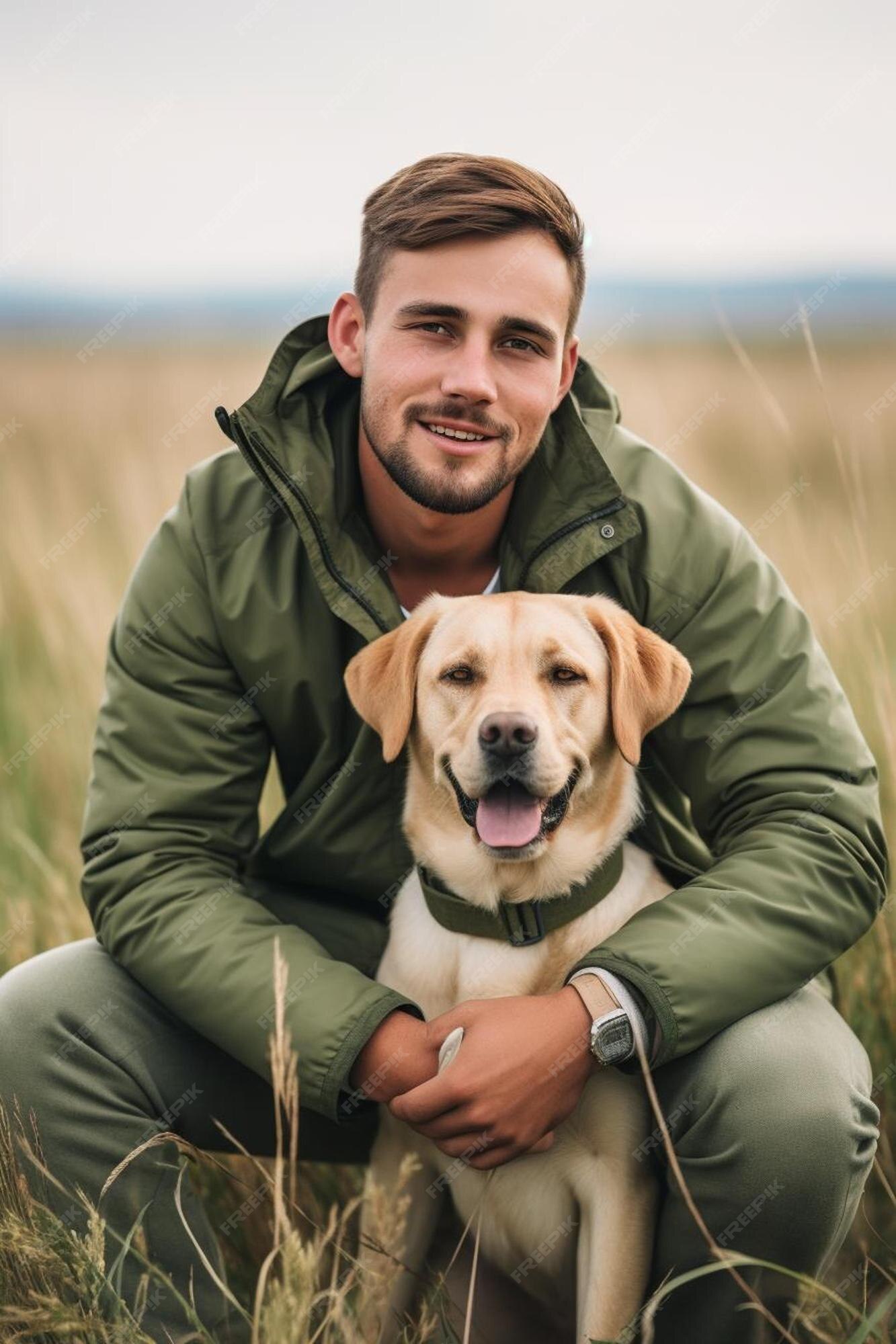 Premium Photo | A man and his dog pose for a photo in a field