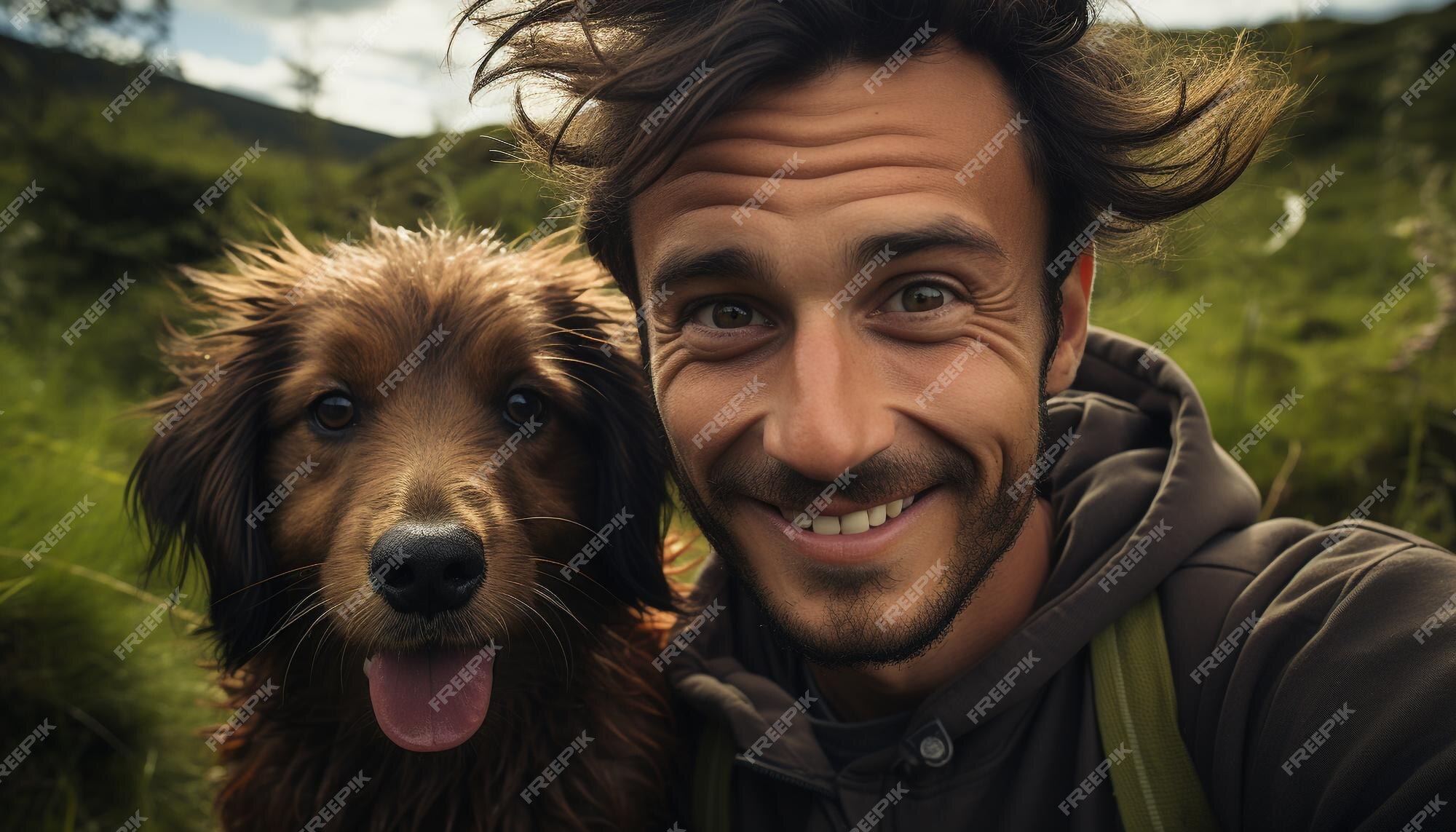 Premium Photo | A man and his dog smiling outdoors embracing happiness ...