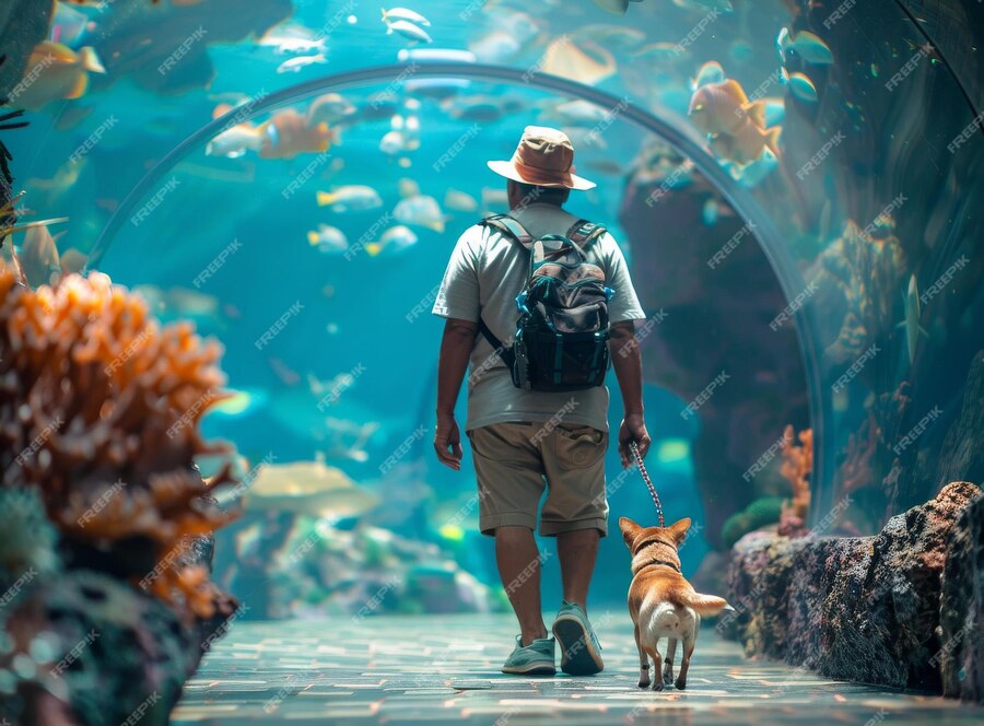 Premium Photo | A man and his dog walk through an underwater tunnel at ...