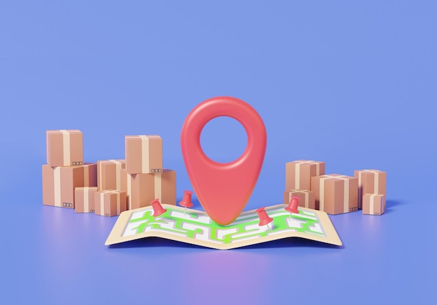 Mark red pin pointer and map location search gps paper map\
stack parcels box with logistics transportation service concept\
navigation delivery express minimal cartoon 3d render\
illustration