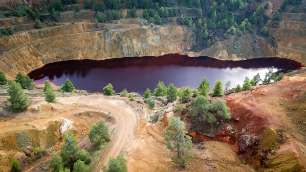 Mitsero red lake (cyprus). toxic chemicals from kokkinopezoula\
sulfide open pit mine gave it an unnatural red and yellow hue.