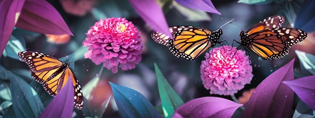 Monarch butterflies on pink flowers in a fairy garden summer\
spring background banner format wonderland garden