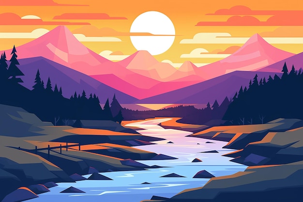 Premium Photo | Mountain river sun set Landscape vector illustration