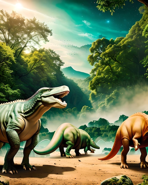 Premium Photo | Nature scene in the mesozoic era with dinosaurs