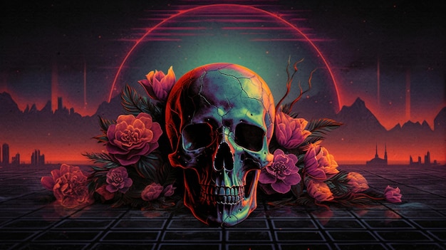 Premium AI Image | A neon skull with roses on it