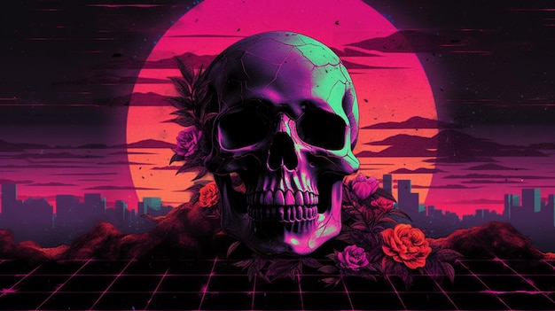 Premium AI Image | A neon skull with roses on it