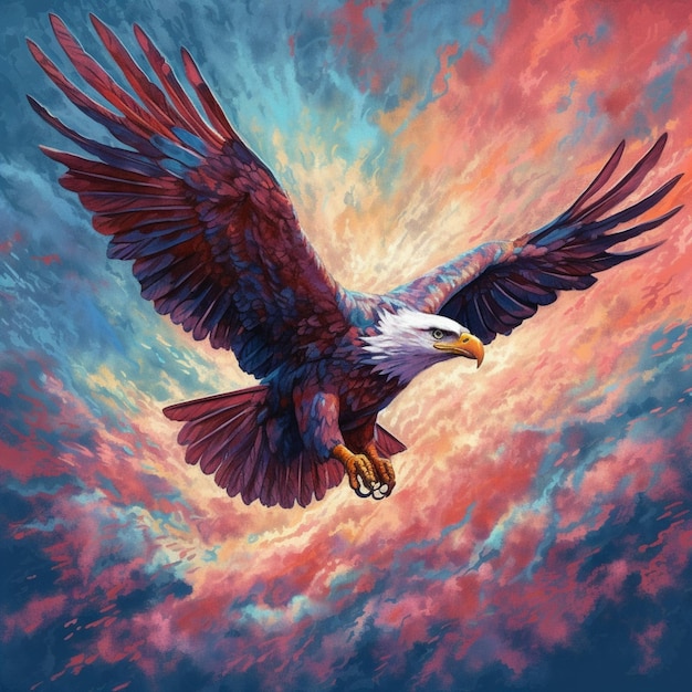 Premium Photo | Painting of a bald eagle flying in the sky with a red ...