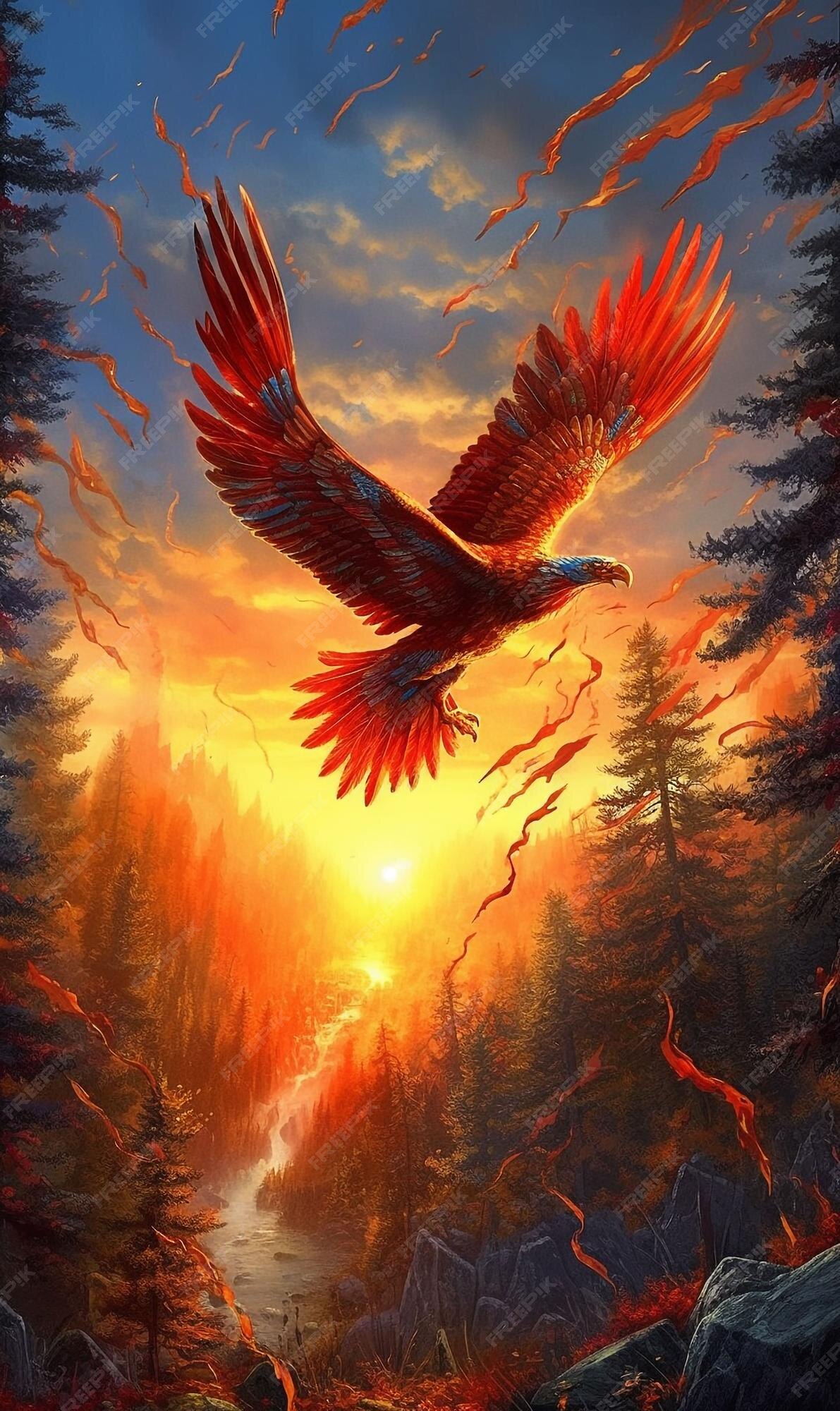 Premium AI Image | A painting of a red eagle flying over a forest with ...