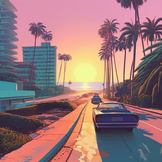 Premium AI Image | A painting of a road with palm trees and a car ...