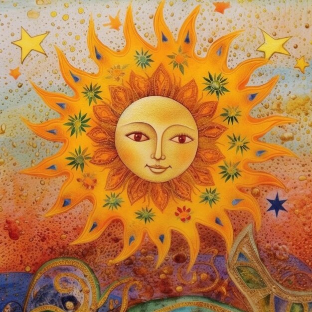 Premium Photo | A painting of a sun with a face and a star above it ...