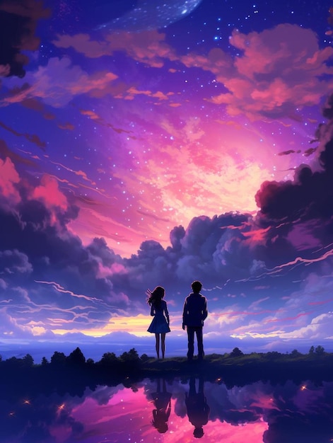 Premium Photo | A painting of two people looking at the sky with the ...