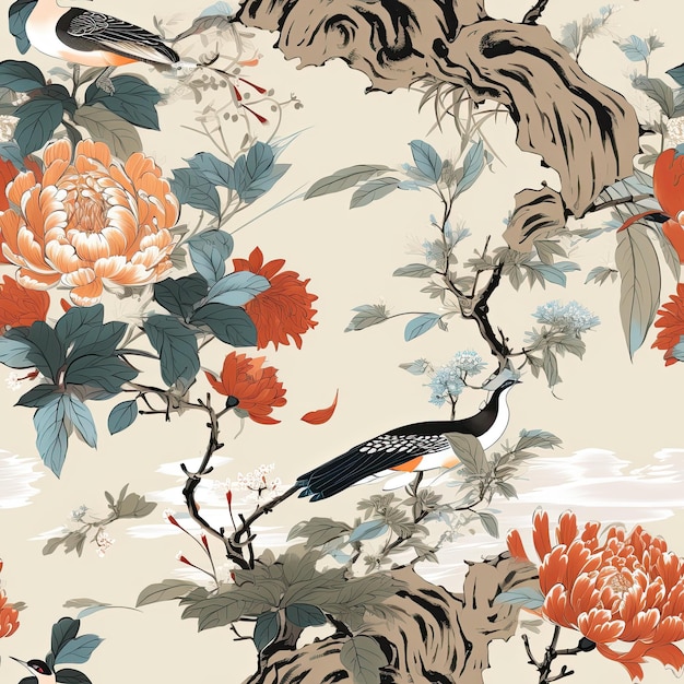 Patterns incorporating elements of traditional chinese brush painting ...