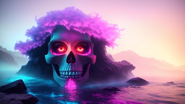 Premium AI Image | Photo of a neon digital painting of a skull ...