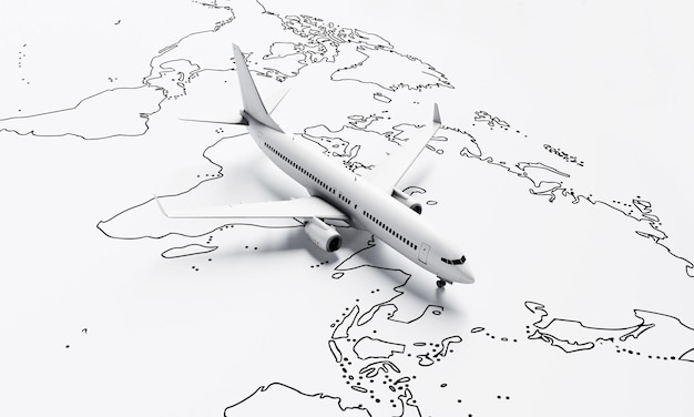 Plane flies above white paper map of the world travel\
background travel and wanderlust concept 3d illustration\
rendering