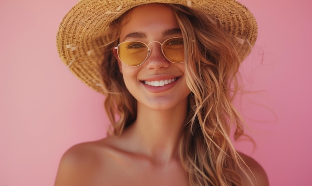 Portrait of Beautiful attractive young woman wears in bikini straw hat ...