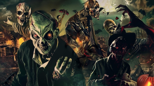 A poster with a group of scary zombies and a green background | Premium ...