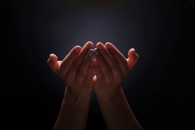 Premium Photo | Praying hands with faith in religion and belief in god on  dark background, palm opening, begging gesture