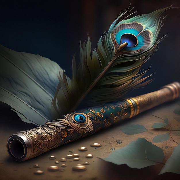 Premium AI Image | Realistic Lord Krishna flute with peacock feather