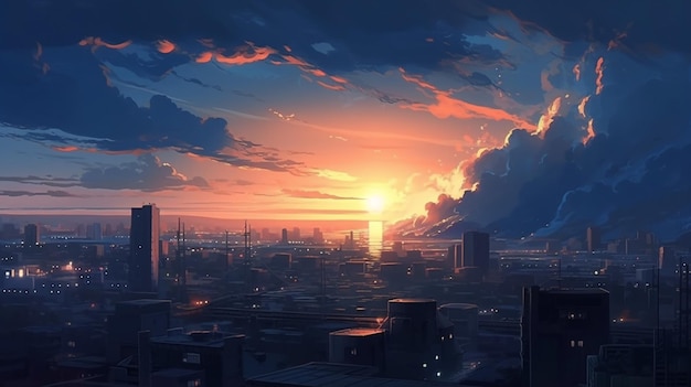 Premium AI Image | Relaistic view on sunset watercolor draw City with ...