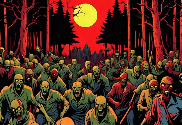 Scary Zombie Crowd Emerging from the Woods | Premium AI-generated image