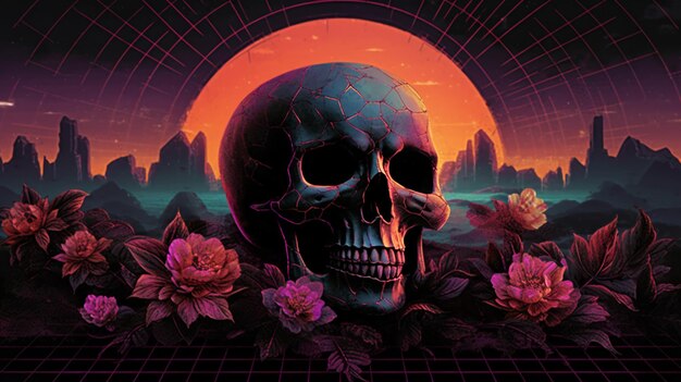 Premium AI Image | A skull and roses on a background of a sunset.