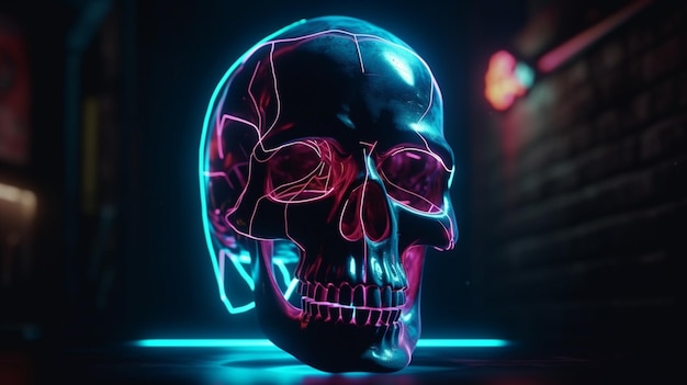 Premium Photo | Skull with glowing neon light on dark background ...